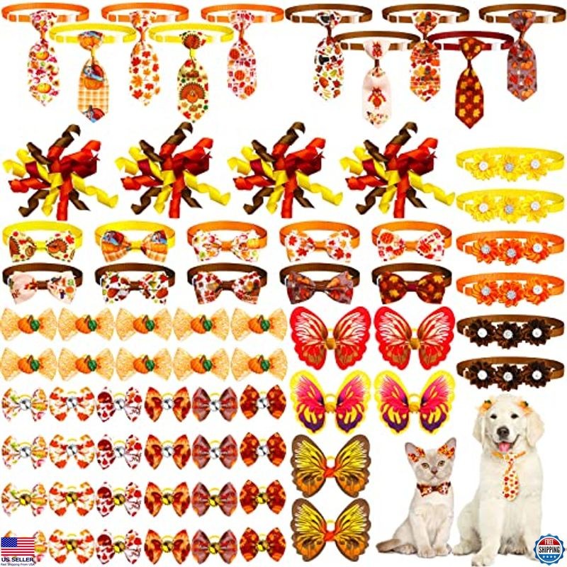 Reginary 70-Piece Fall & Thanksgiving Dog Bow Tie Set with Adjustable Collars