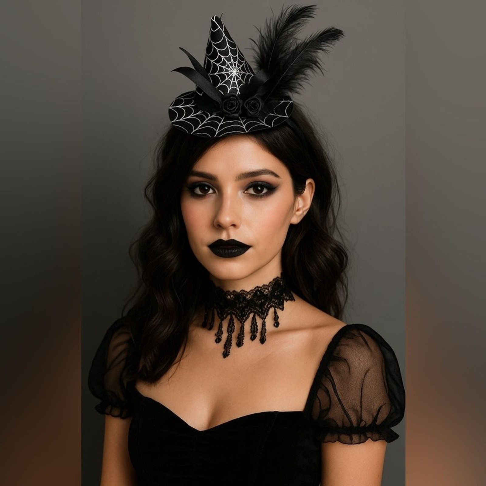 witch hat Halloween headpiece feather lace fascinator gothic witchcore cosplay