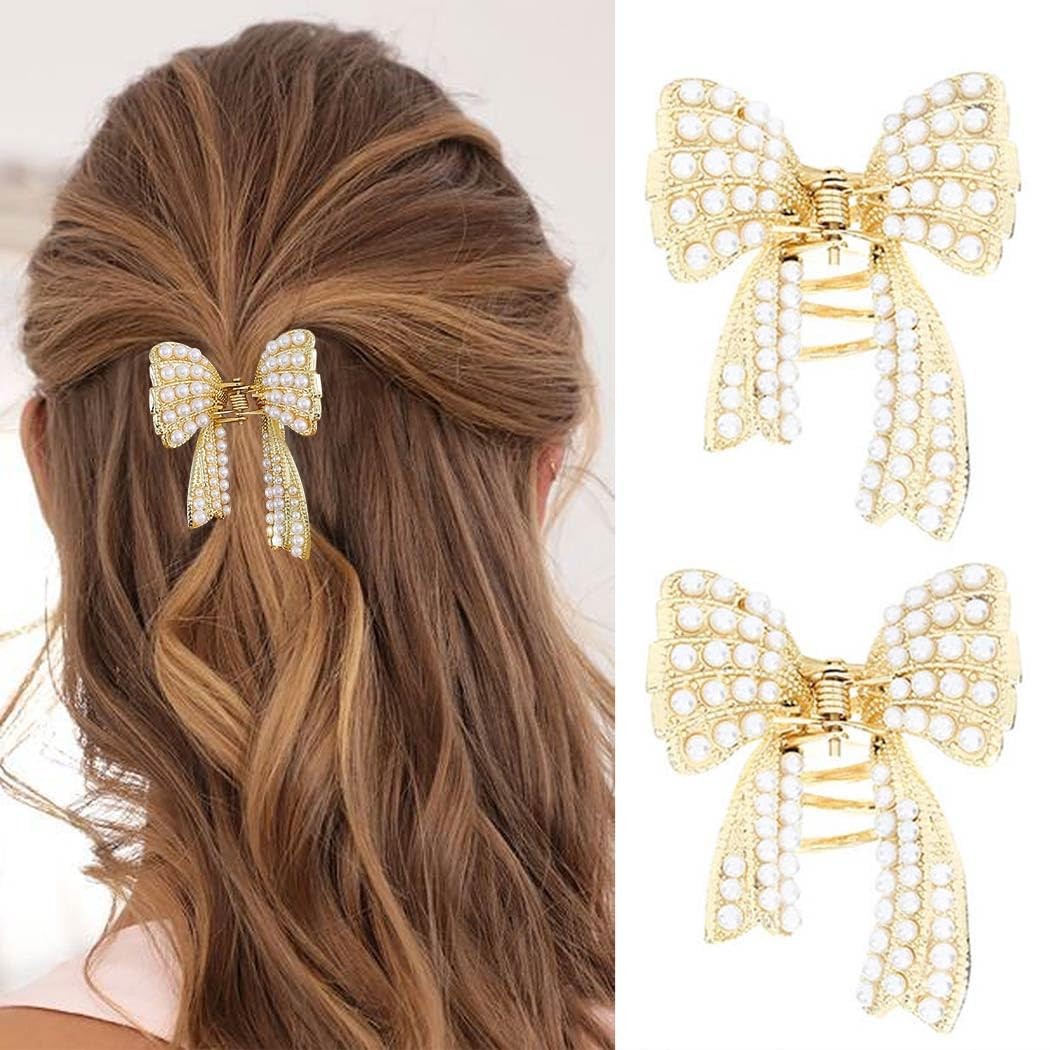 2 Pack Pearl Bow Claw Clip Gold Bow Hair Clip Cute Hair Catch Barrettes Women