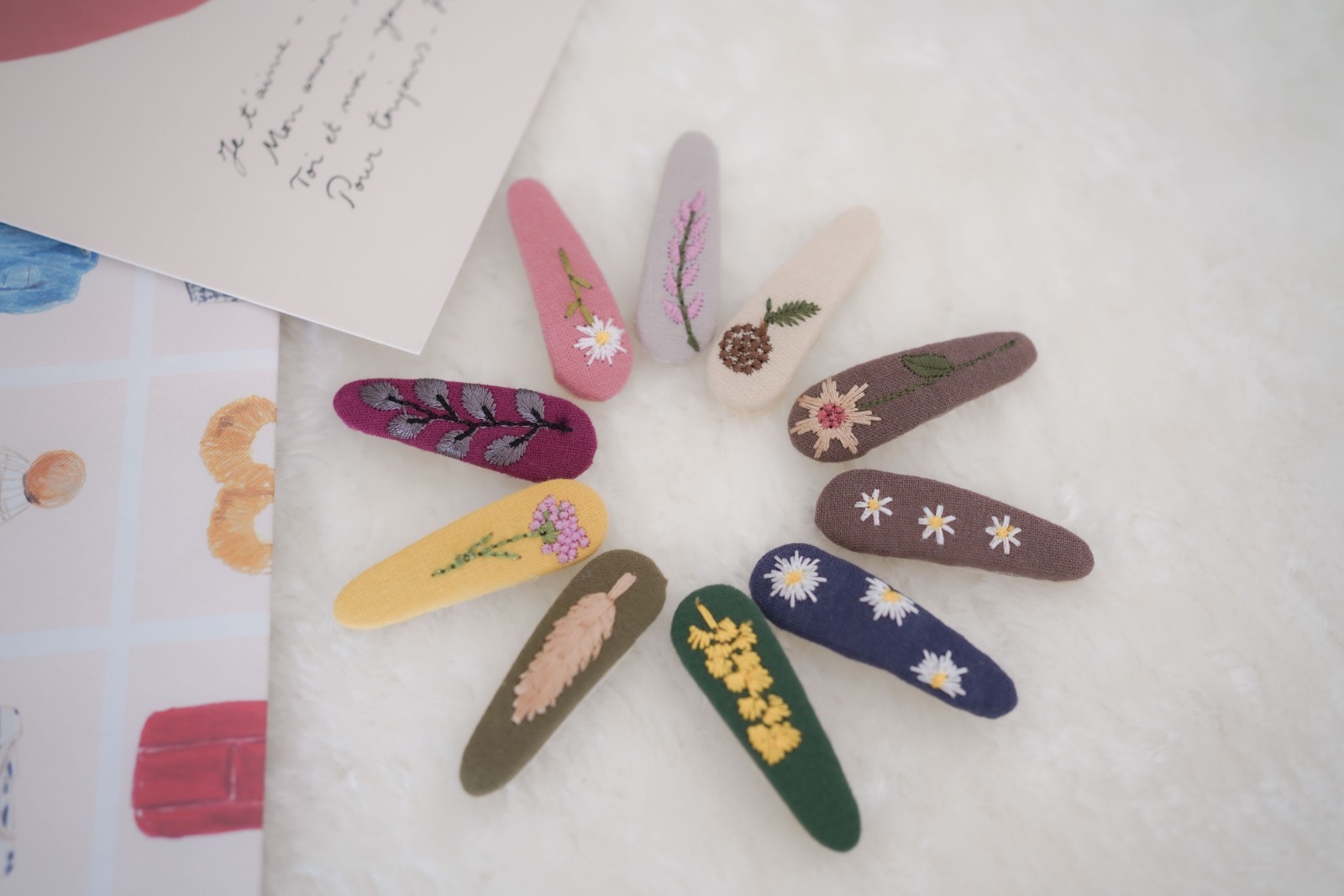 Handmade Embroidered Floral Hair Clips – Linen Snap Barrettes for Girls & Women