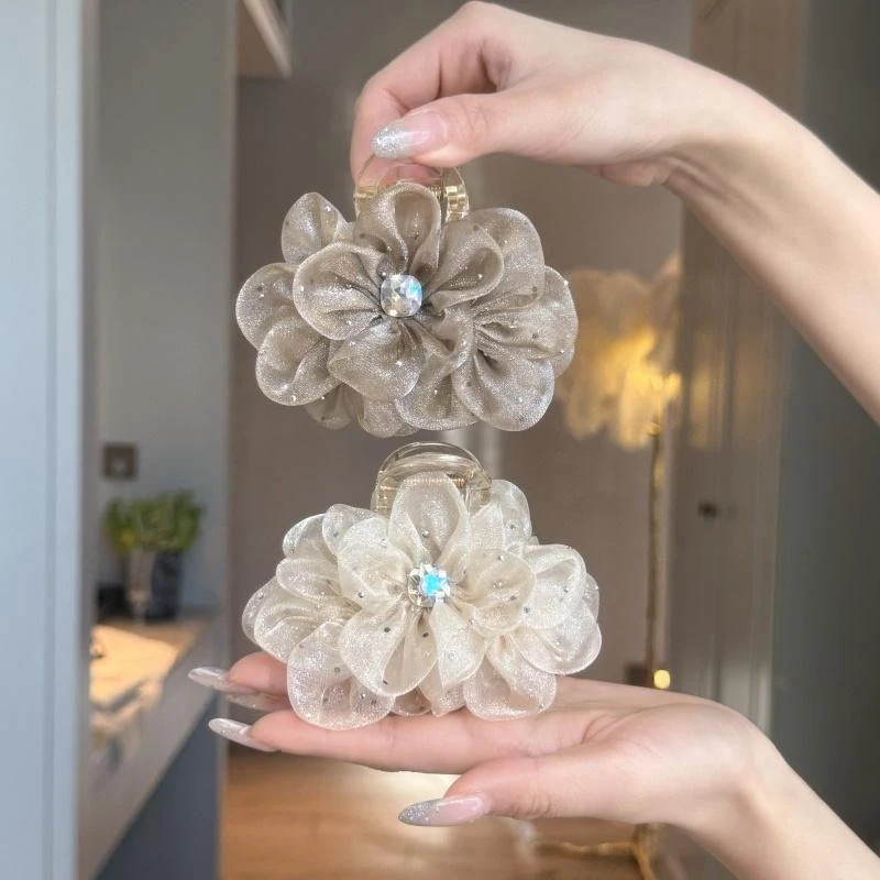 1/2/3Pcs Elegant Mesh Flower Rhinestone Hair Clip for Woman Korean Style Shark C