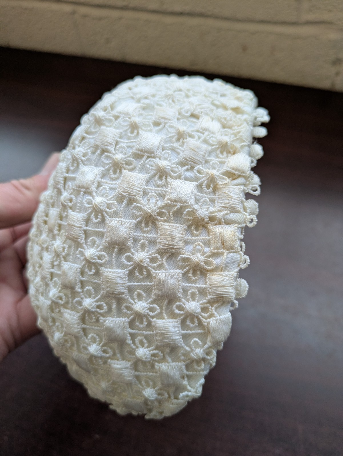 Vintage Ivory Lace Bonnet Hair Accessory Pom Pom Trim