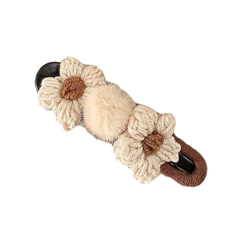 Fluffy Flower Snap Hair Clips – Beige/Dark Brown (11.5cm)