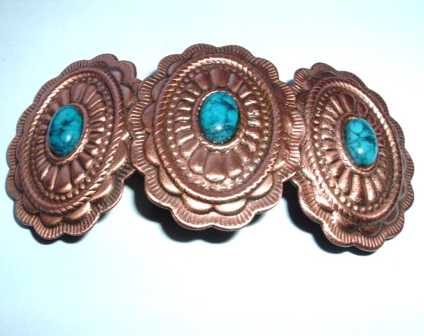 VINTAGE SOUTHWEST COPPER CONCHO TURQUOISE 4″ HAIR BARRETTE