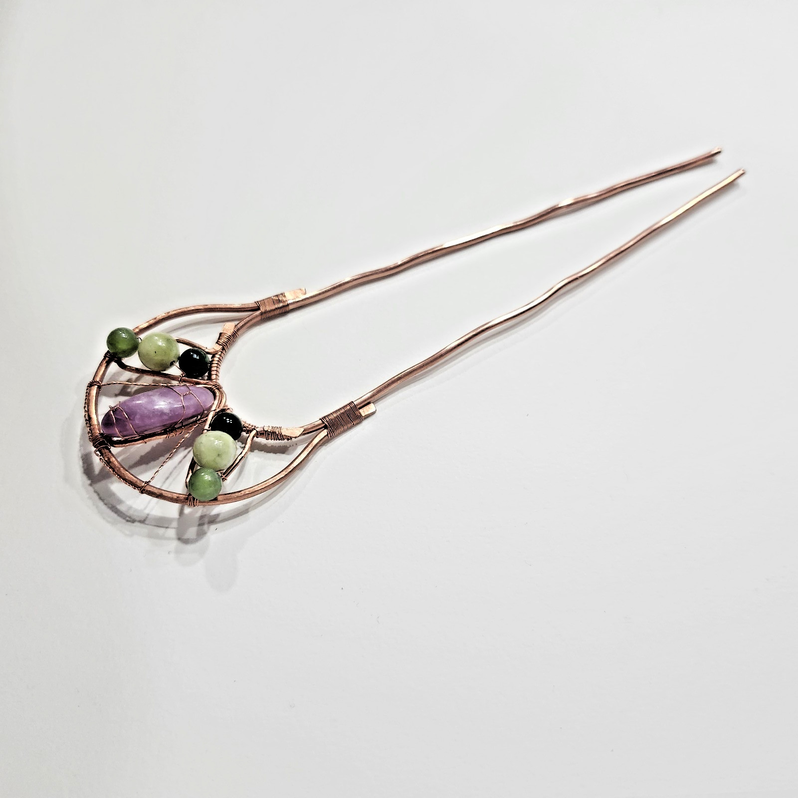 Copper Hair Pin 6″ w/ Lavender Rose Quartz, Prehnite, Dolomite Jasper Stone