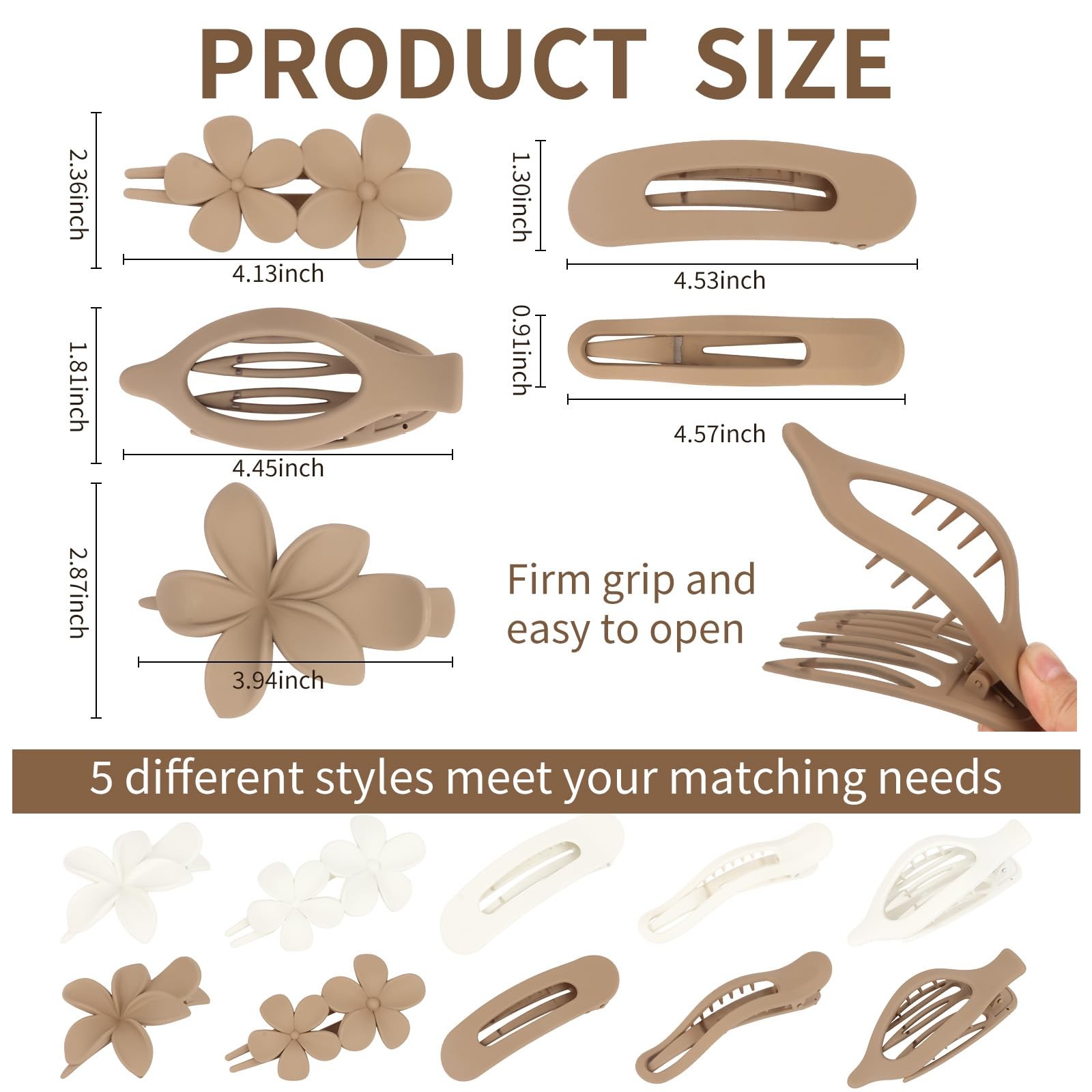 Oblihumoy 10 PCS Flat Hair Clips for Women 5 Styles Non-slip white, brown