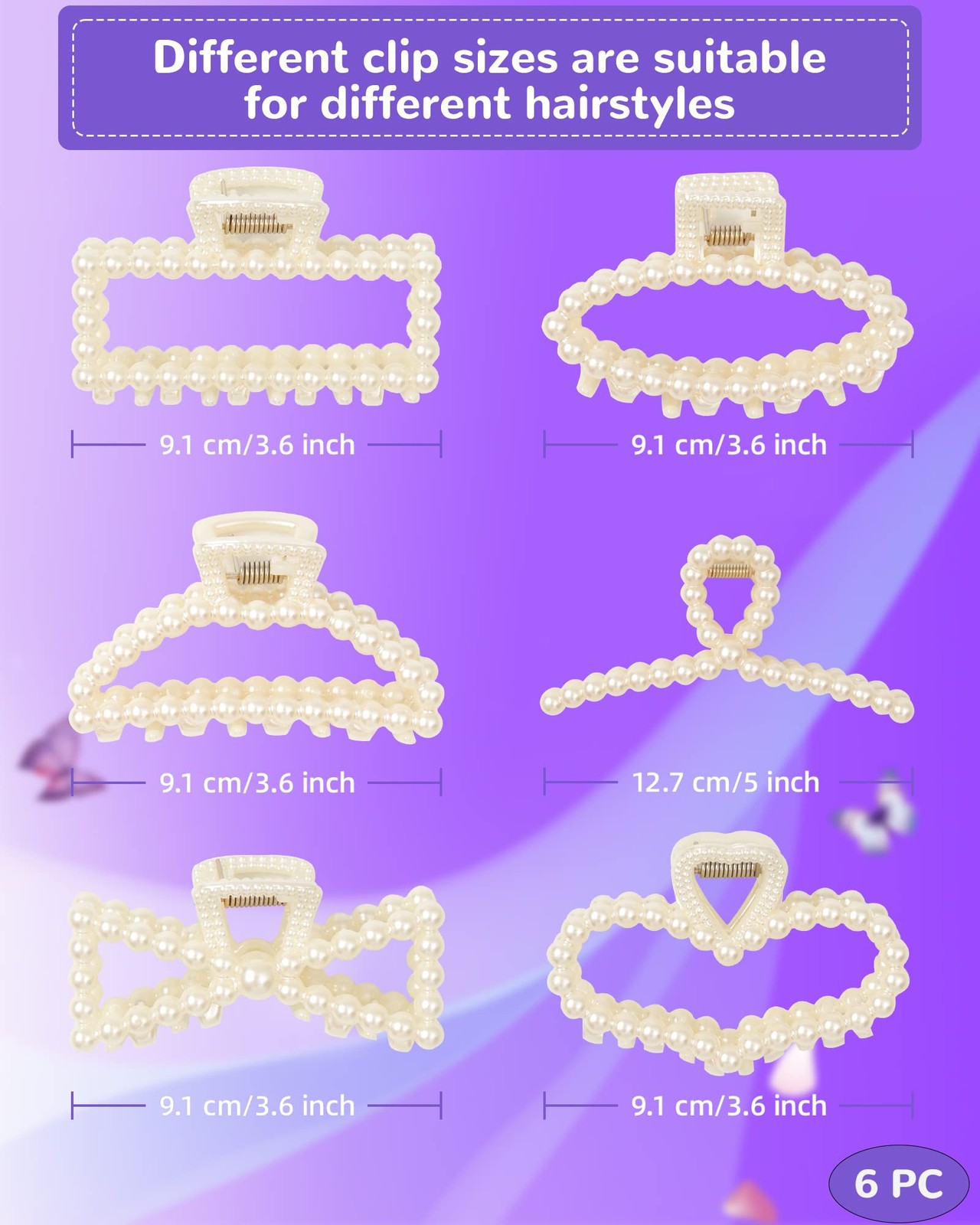 Olldag 6 PACK Large White Pearl 1 Count (Pack of 6), 6PC hair claws