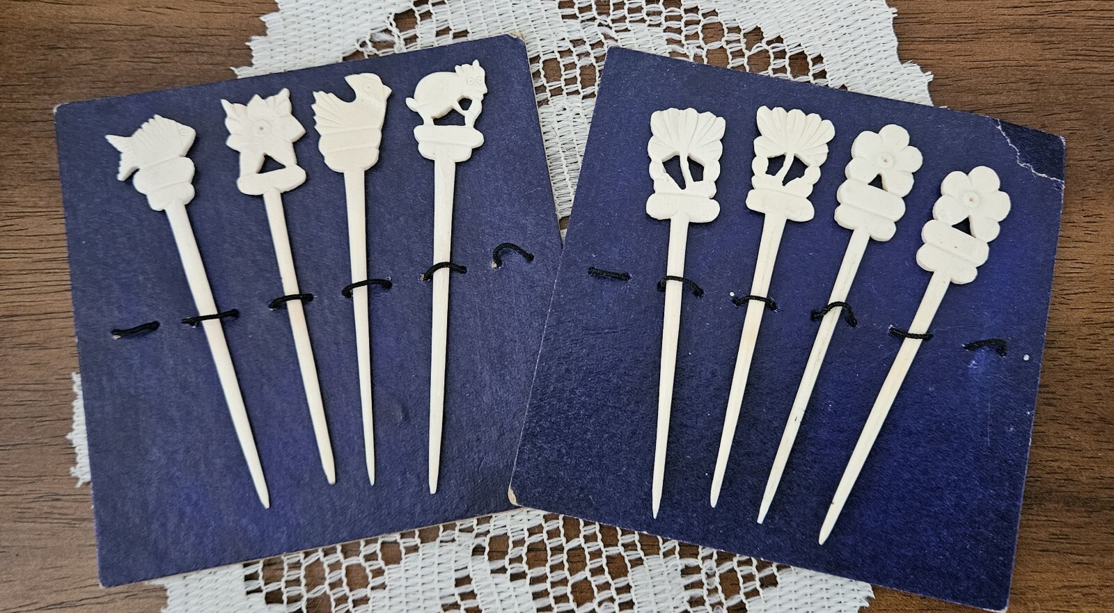 VTG Wooden Hair Stick Pin Hand Carved x8. Various Designs, Floral Chicken Fish.