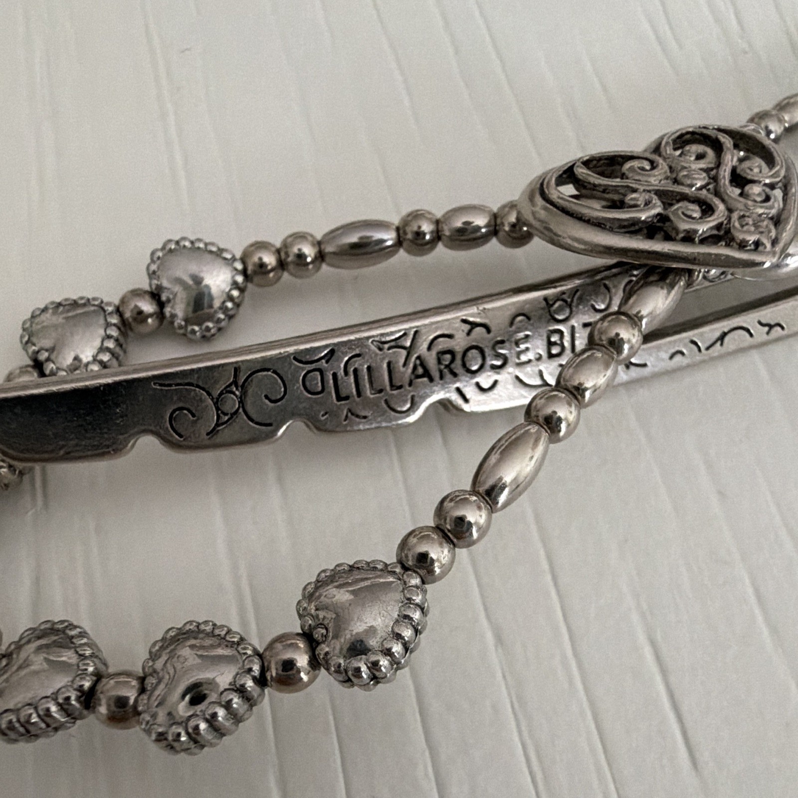 Lilla Rose Silver Metal Heart Hair Clip Barrette with Beaded Chain Detail Large