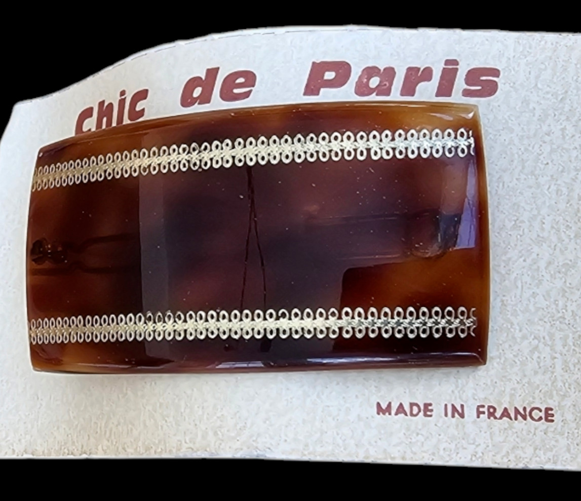 Vintage Barrette – Brown Barrette with Gold Design Tige Boule Closure – France