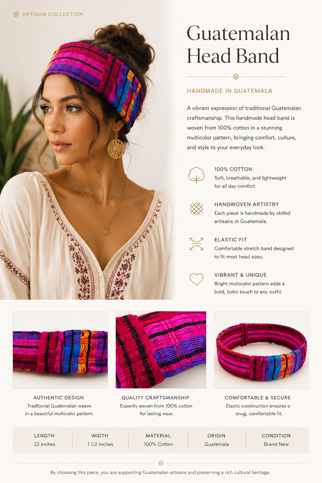 Handmade Guatemalan Multicolor Woven Elastic Head Band 100% Cotton Artisan #UU