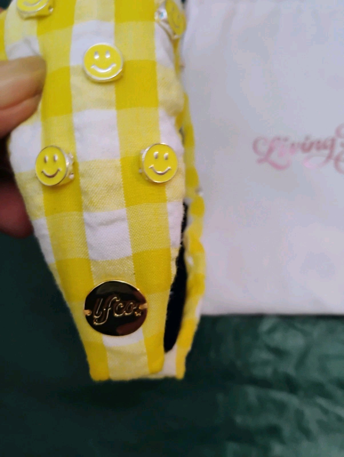 Living Fully Co Headband Yellow Gingham Smiley Faces Knotted W/Bag