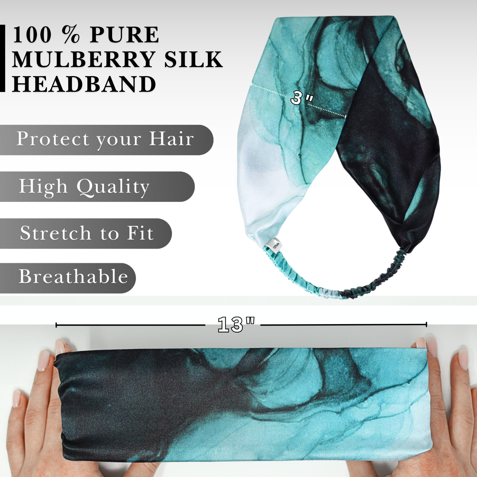 Dusty Turquoise 100% Pure Mulberry Silk 6A Elastic Headband – Handmade in USA