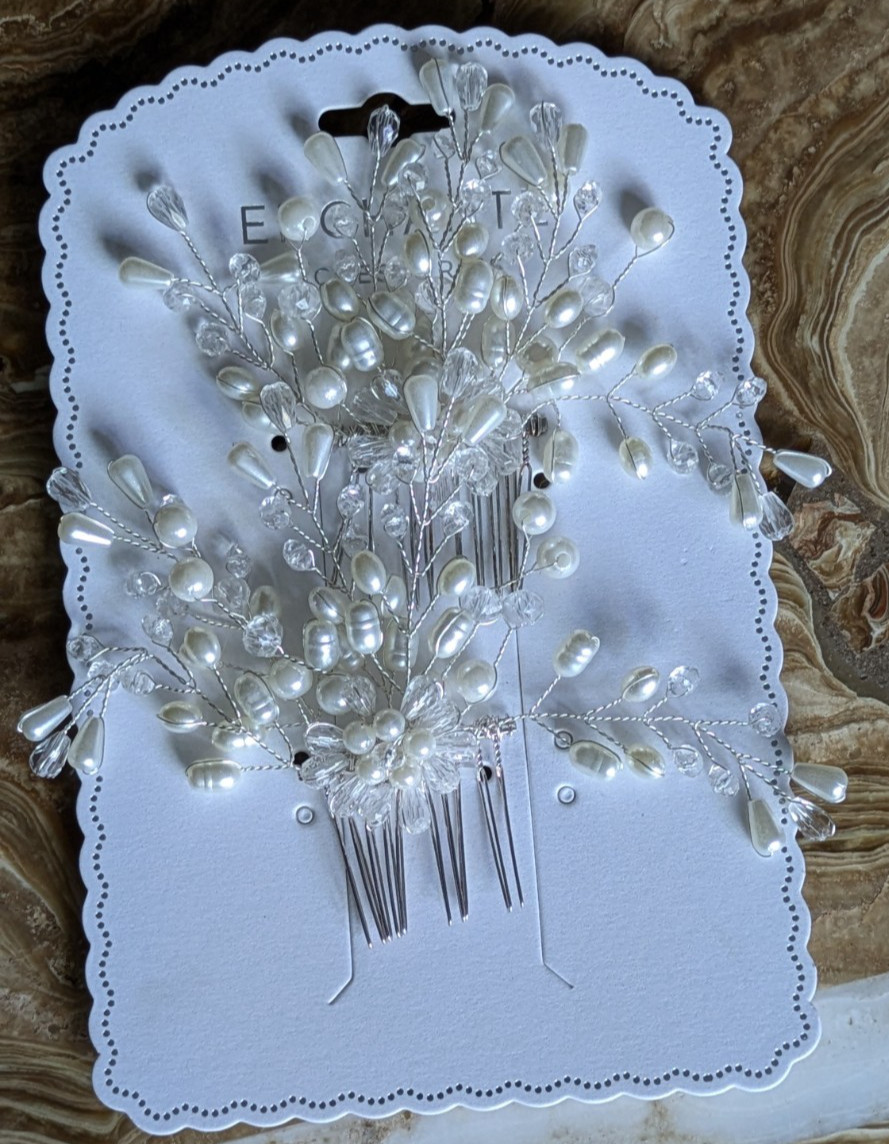 2 Pearl & Crystal Bridal Comb White Flower Special Occasion Hair Comb