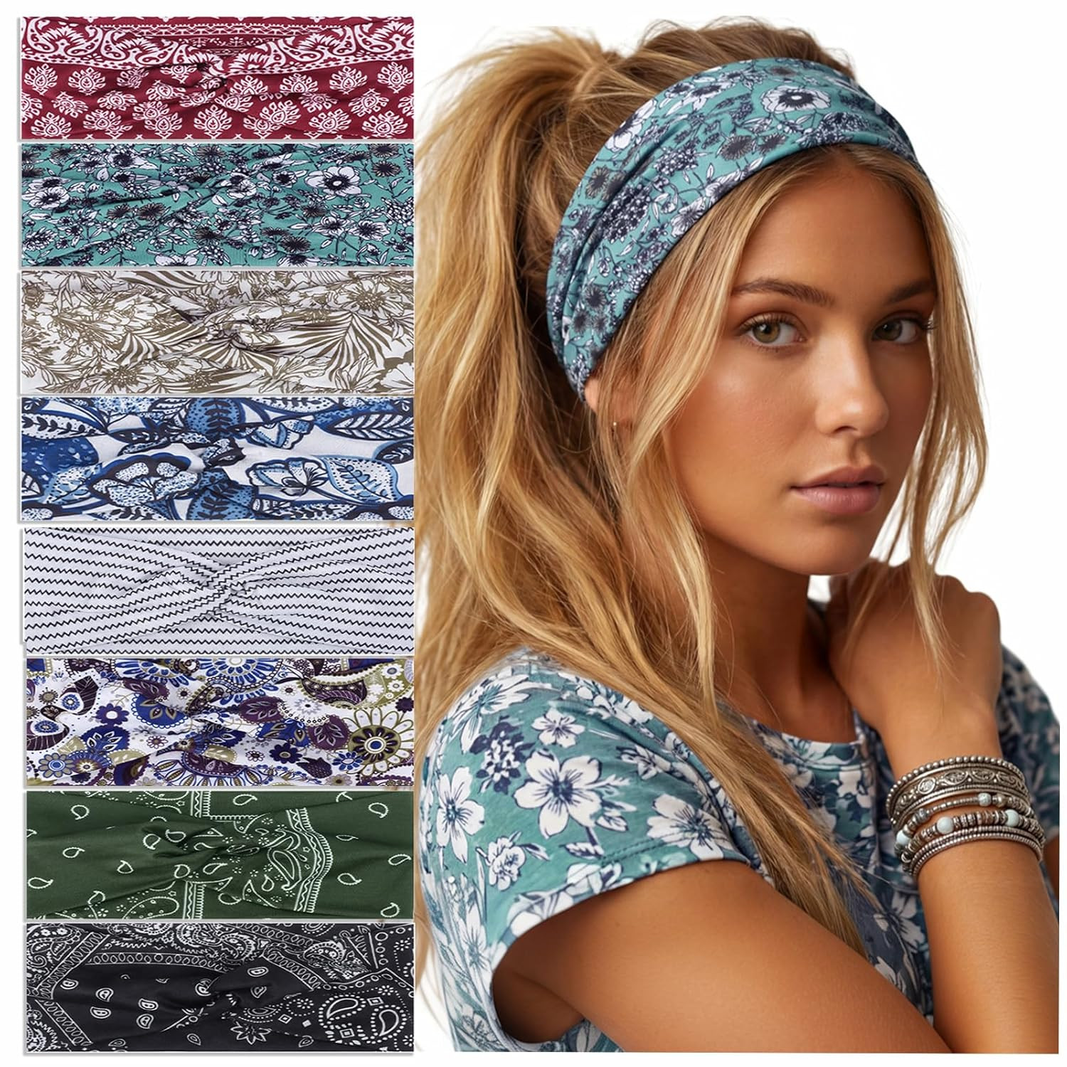 8 Pcs Boho Headbands for Women Wide Cloth Knotted Hair Bands | Elastic Fashion H