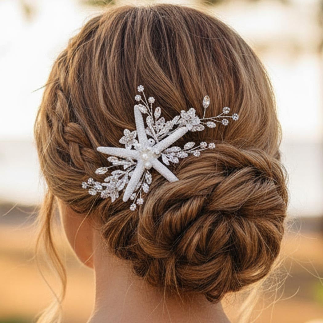 Starfish Bride Wedding Hair Comb Silver Crystal Bridal Piece Pearl Beach