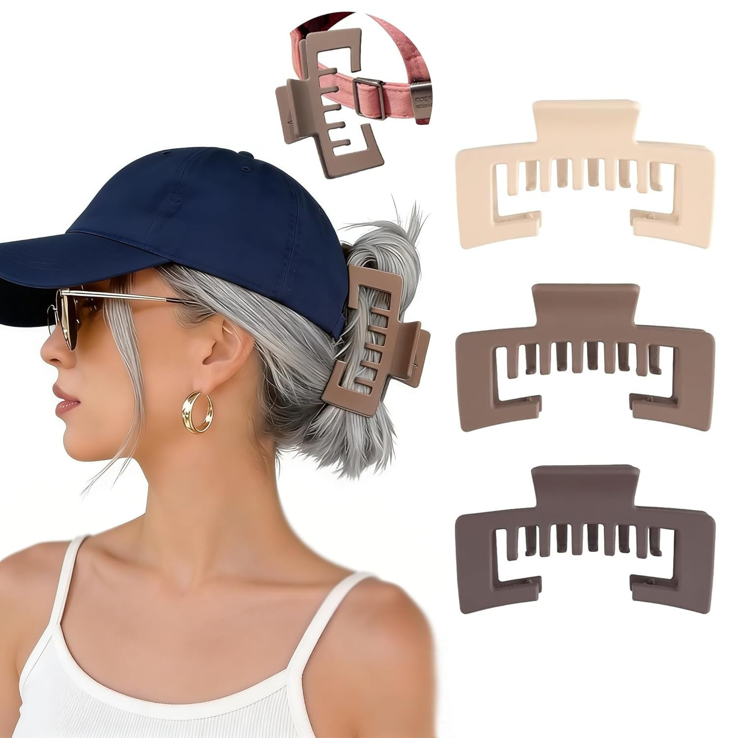 3 Pcs Hat-Friendly Claw Clips for Baseball Caps, Shell Adjustable Hat Claw Clip