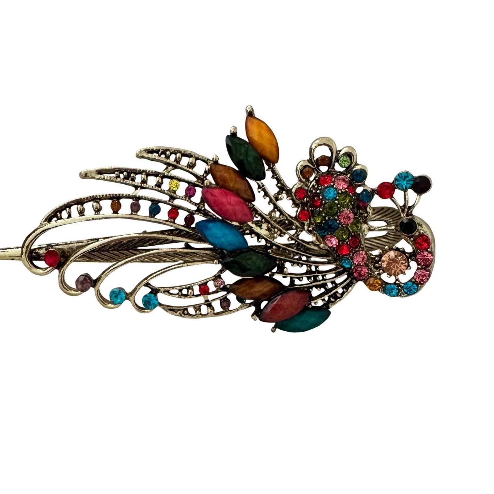 Vintage Style Peacock Hair Clip Multicolor Rhinestone Antique Gold Tone Barrette