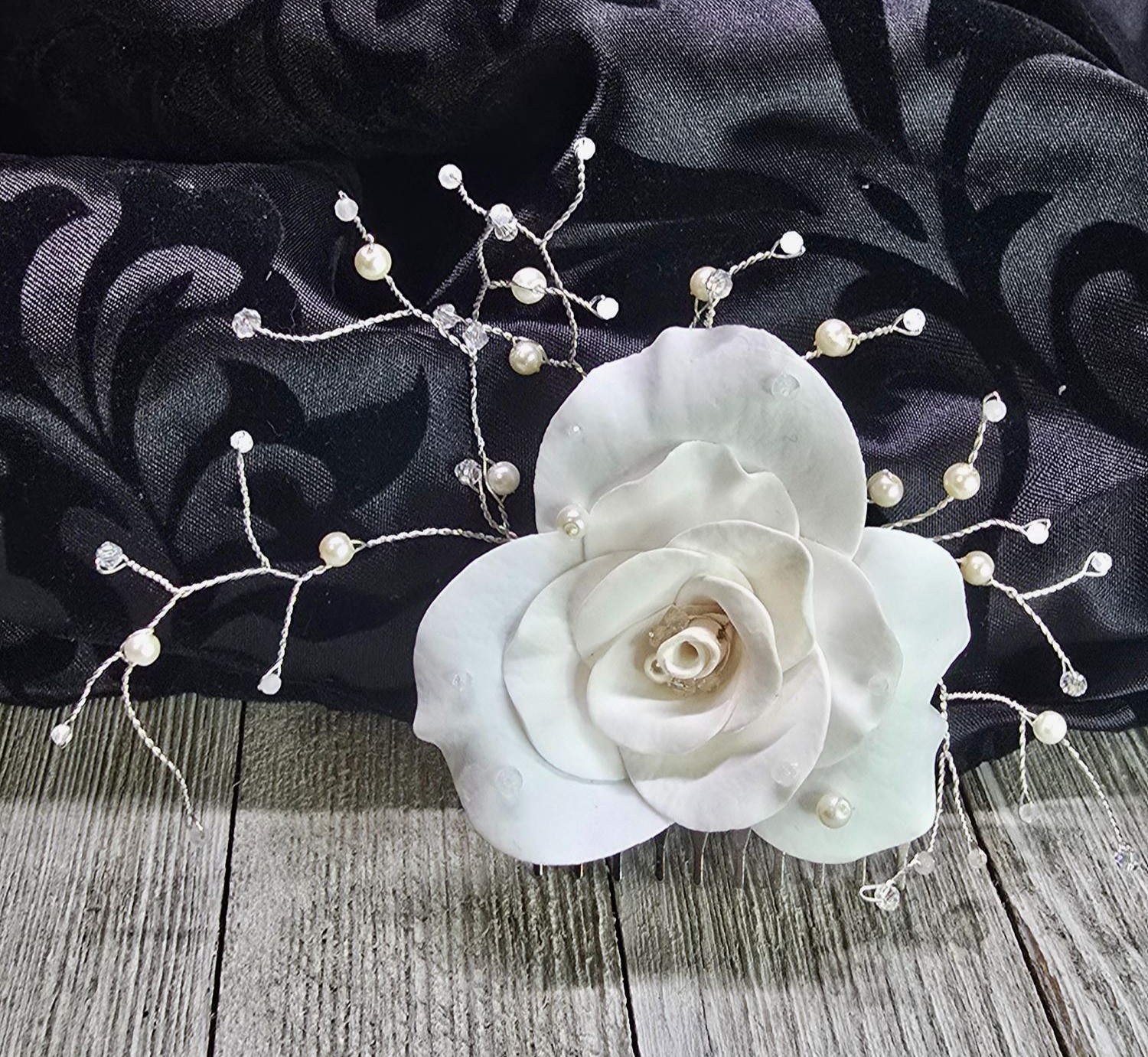 Elegant Handcrafted Glass Pearl Moonstone and Rose Quartz White Rose Hair comb