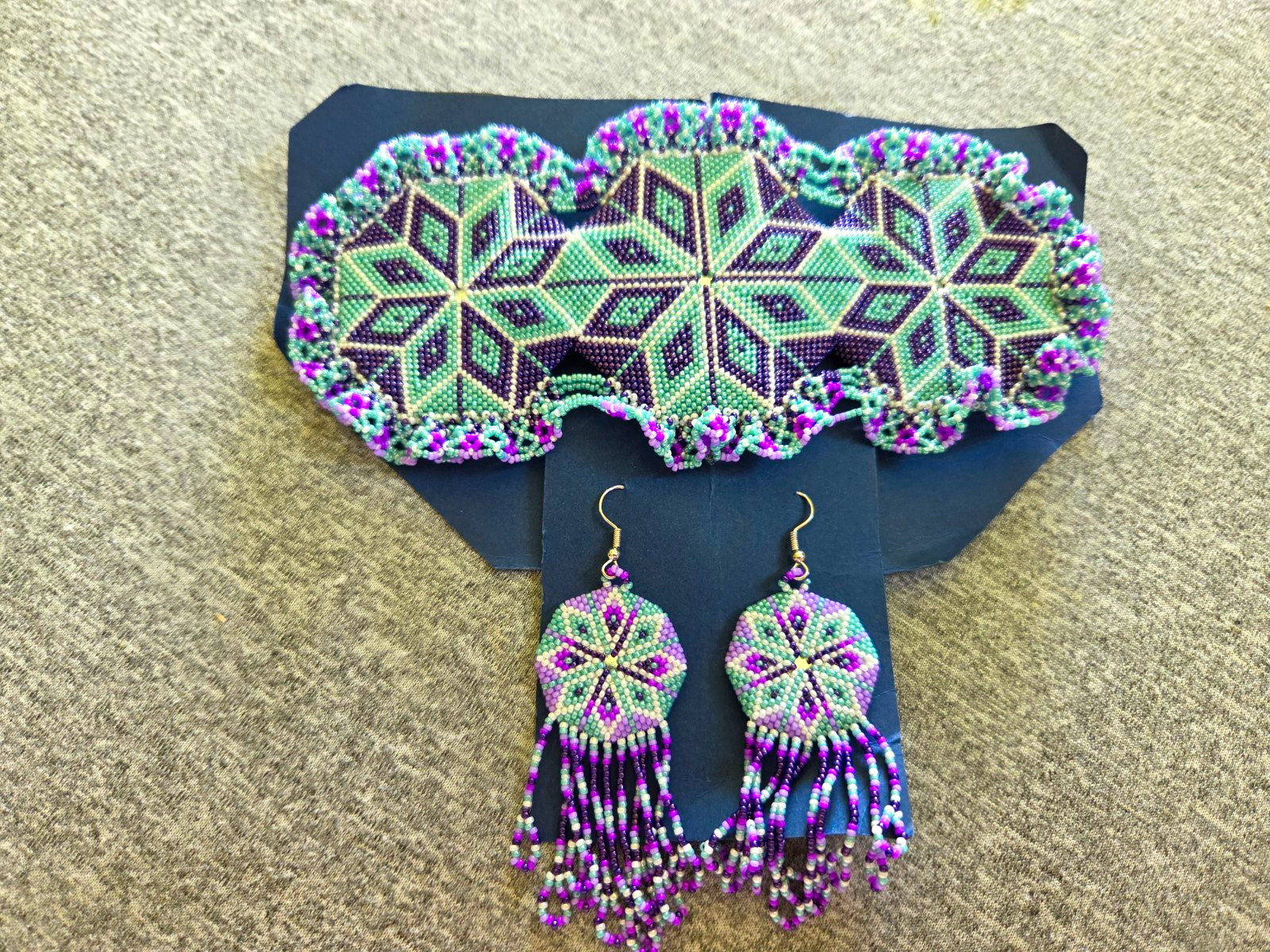 Prison Native-made Teal Purple Beaded Barrette Hair Clip & Earrings Set
