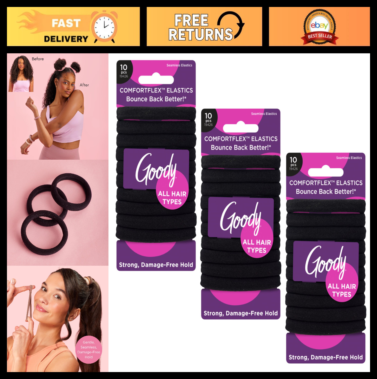 ComfortFlex Seamless Black Hair Elastics – No Slip Grip, Ouchless, 10 Count (3 P
