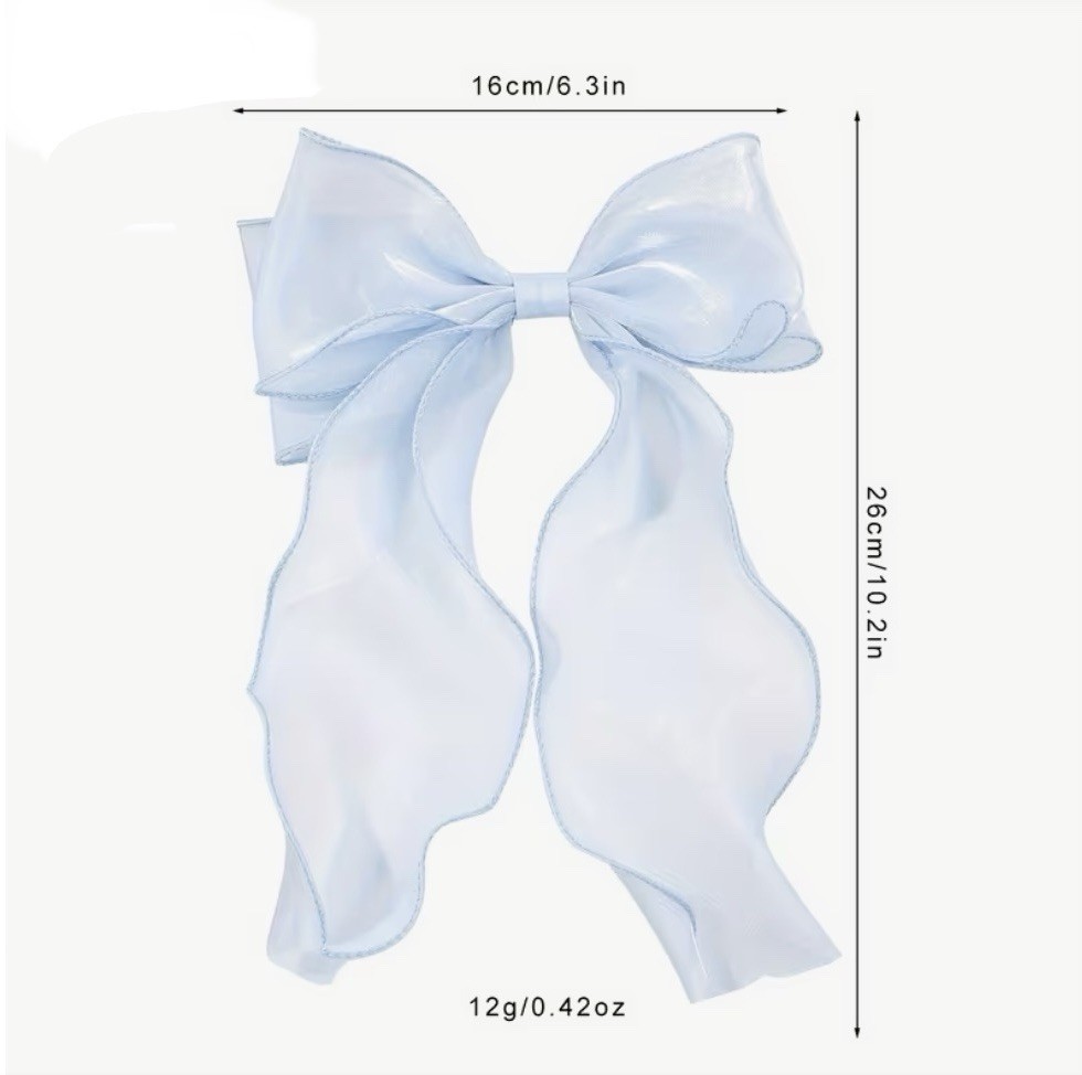 Light Blue Silky Organza Curl Stylish Bow Big Ribbon Hair Clip All Hair Types