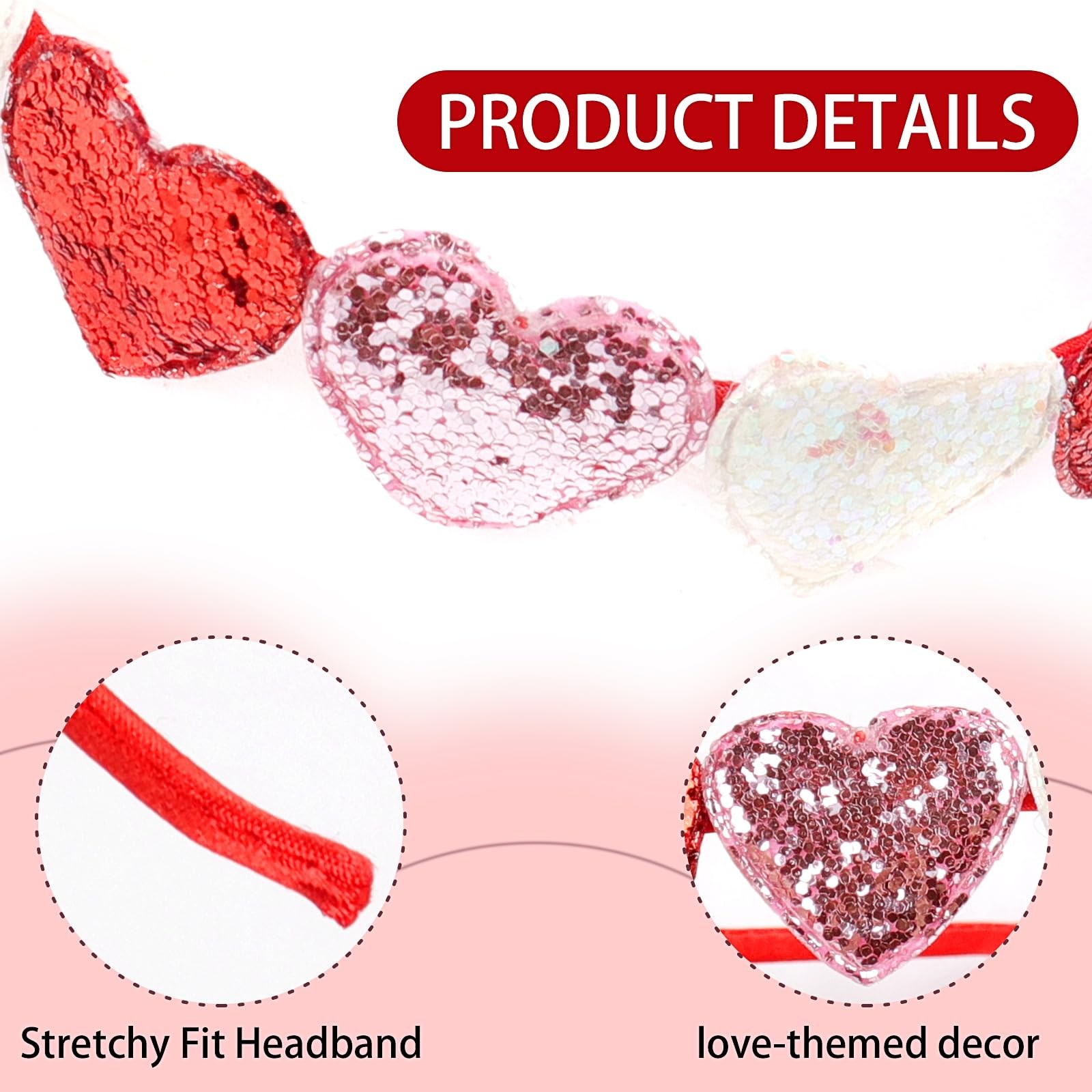 Valentines Day Glitter Hearts Headband Girls Cute Heart Headband Red Pink Cup…