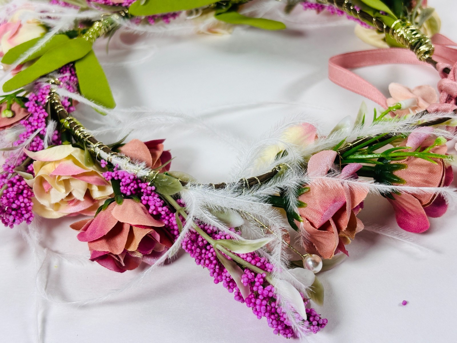 Mauve Flower Crown Wedding Quinceanera Communion Boho Feather Hair Wreath FH_C