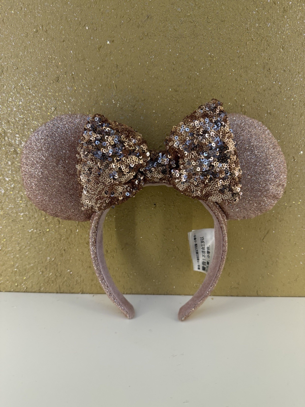 Official Disney Parks Minnie Mouse Ears Headband Rose Gold Sequin Bow Glitter