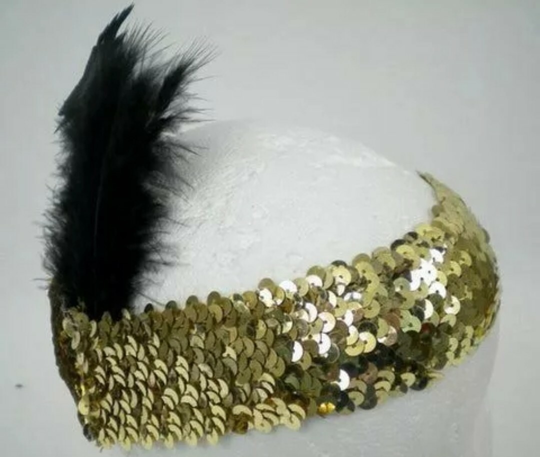 Women’s Gold Sequin Headband with Black Feather
