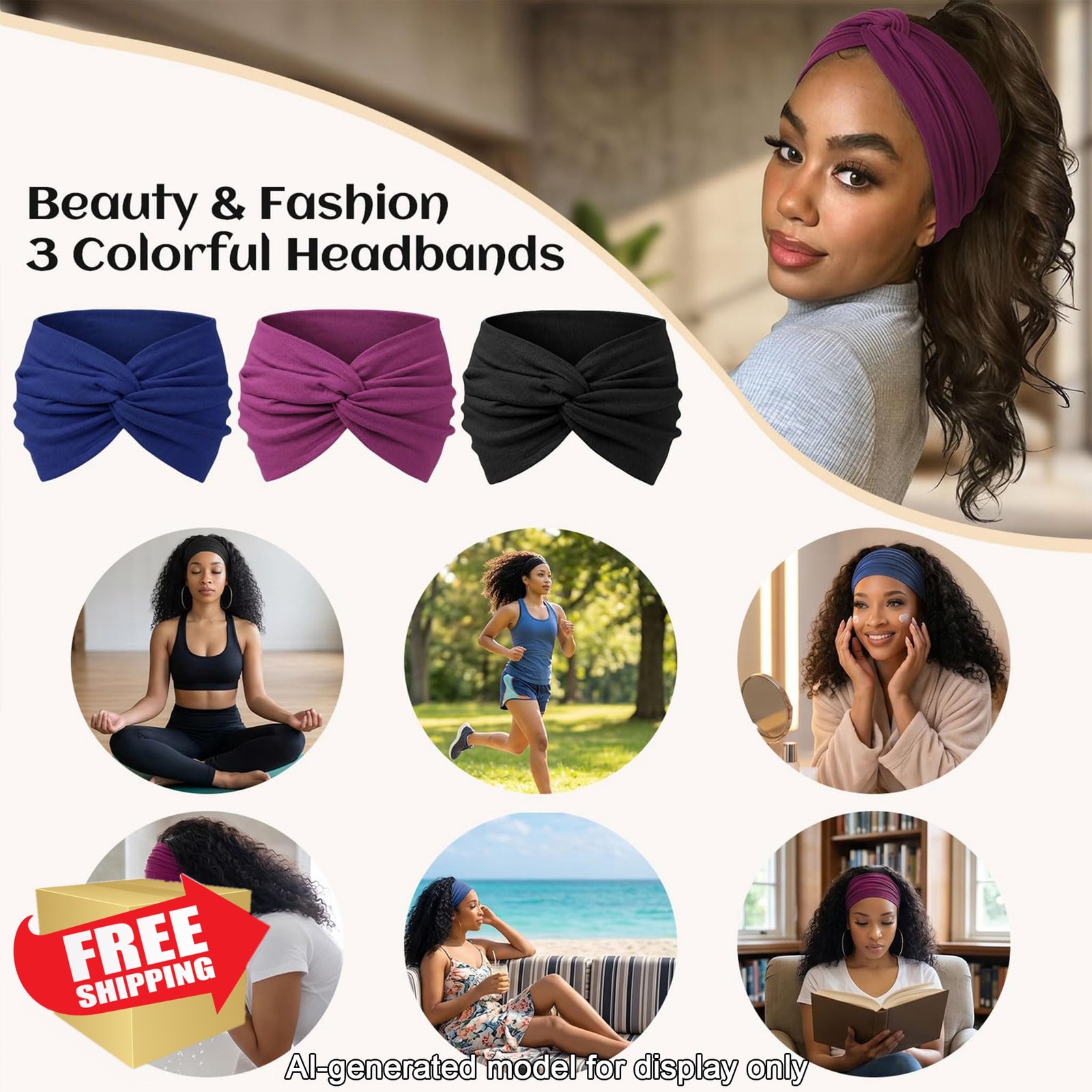 WENNKINN 7″ Headbands 3 Pack Blue Purple Red Black