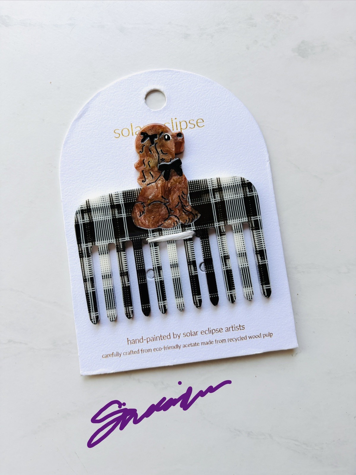 NWT Anthropologie Solar Eclipse Handpainted Pocket Comb Bow Puppy