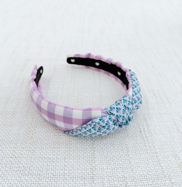 Lele Sadoughi Purple Gingham Floral Knotted Headband Cotton Preppy OS