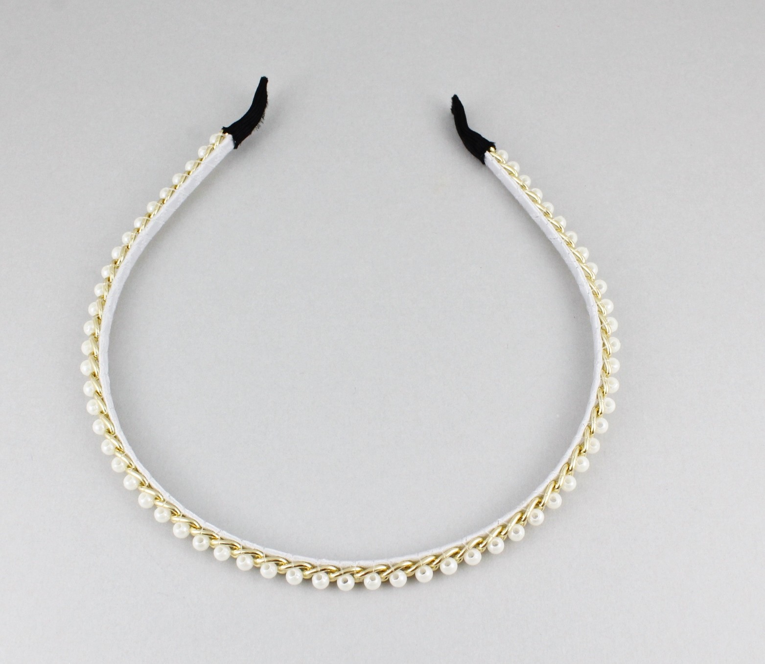 White faux pearl headband gold chain link thin skinny hair band accessory