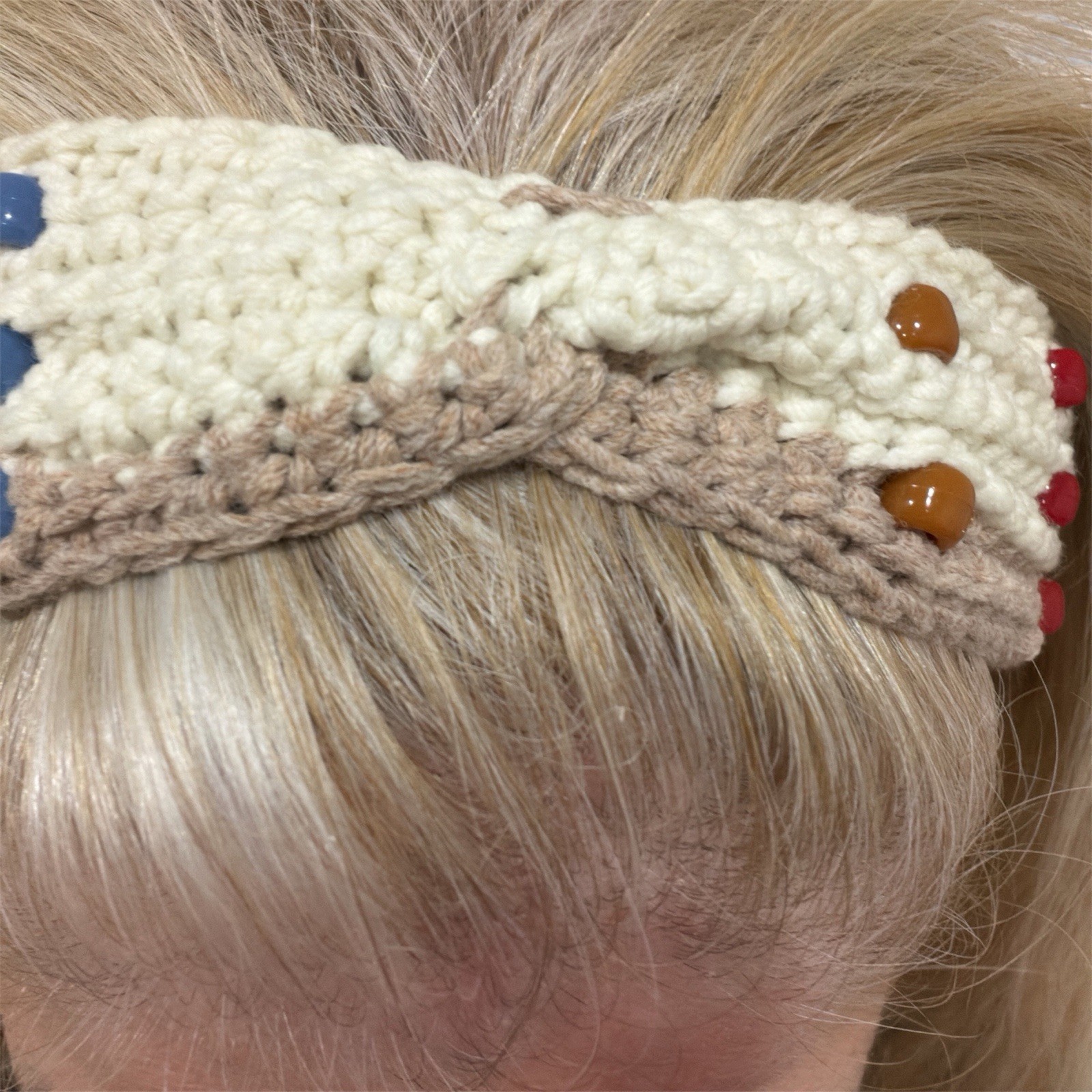 Women’s Knit Stretch Headband Beige Brown Colorblock Multicolor Beaded