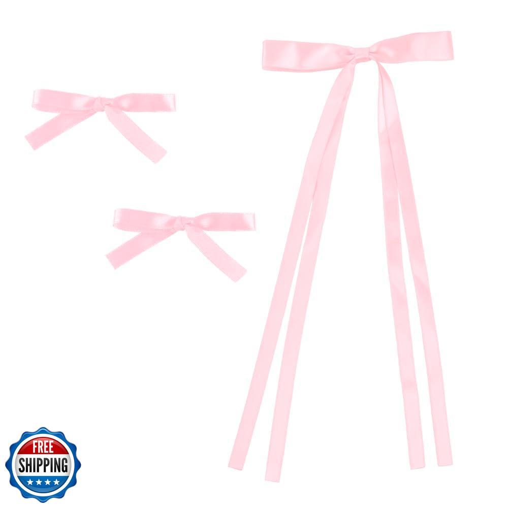 Women’s Satin Hair Bows, Set of 3, 1 Hair Clip with Long Tails, 2 Hair Bows w