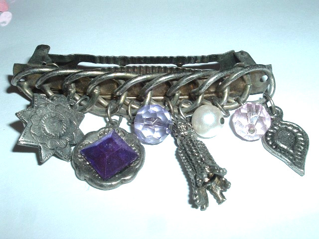 Vintage Art Nouveau Silver Hearts Stars Jeweled Charm Hair Barrette
