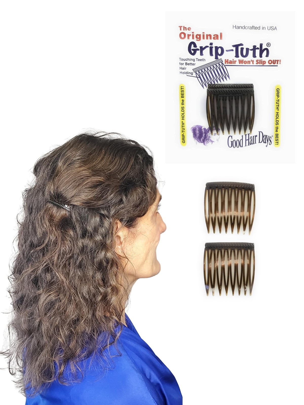 Good Hair Days Grip-Tuth Hair Combs 40073 Set of 2, Shell 1 1/2″ Wide Combs