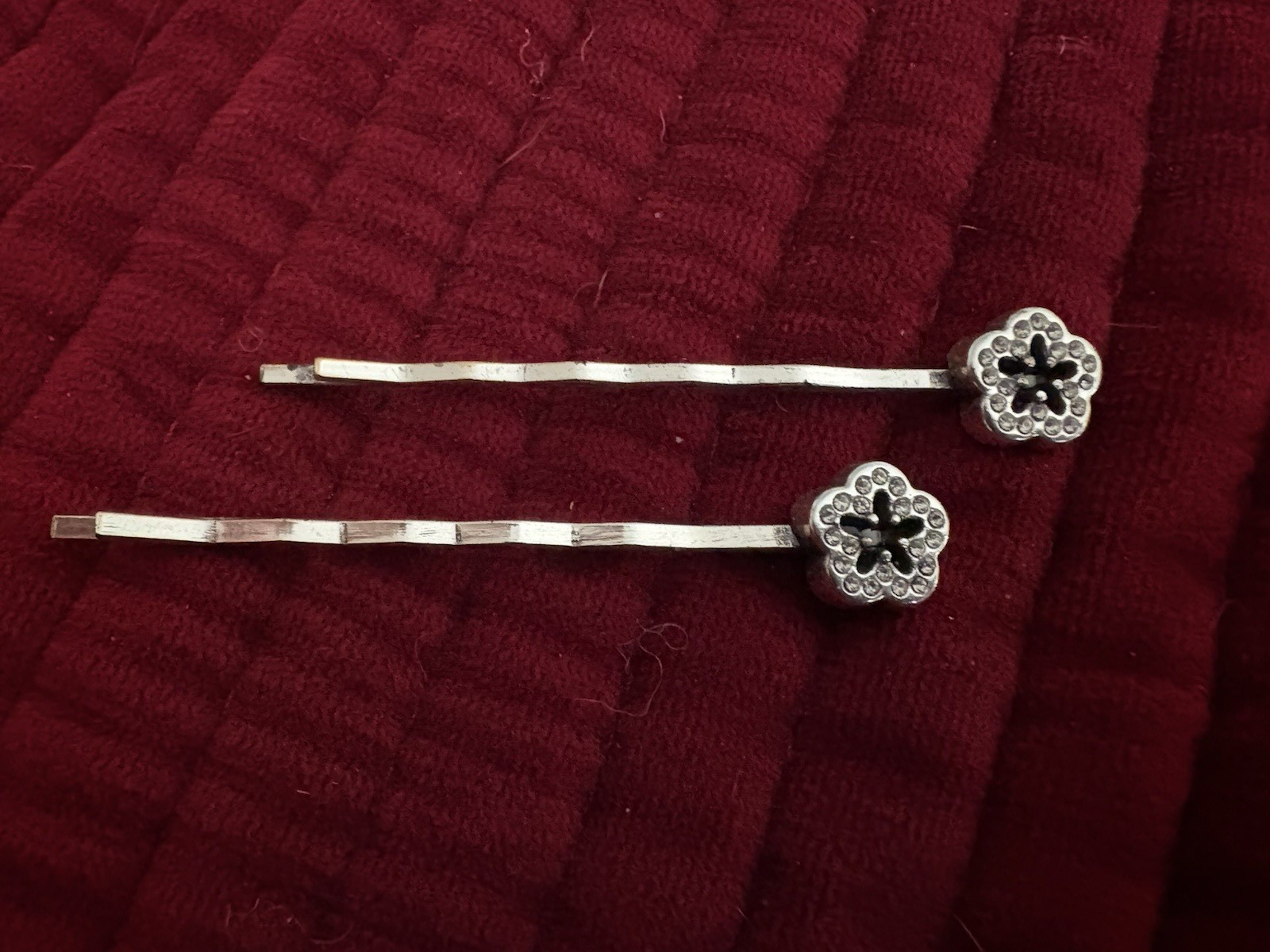 2 Silver Flower Like Bobby Pins with clear Rhinestones