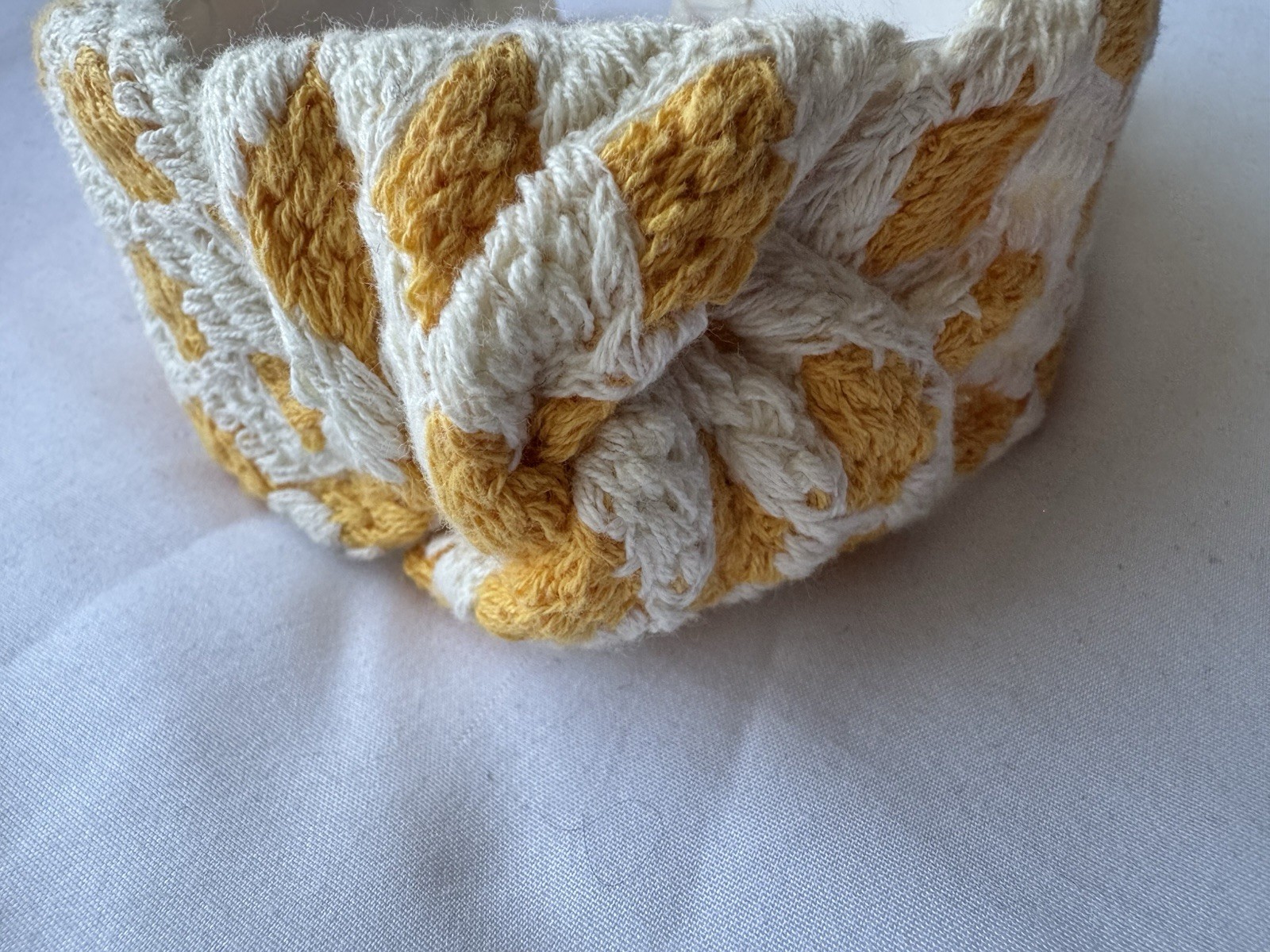 Anthropologie Headband Topknot Yellow And White Checked Cotton Crochet NWOT