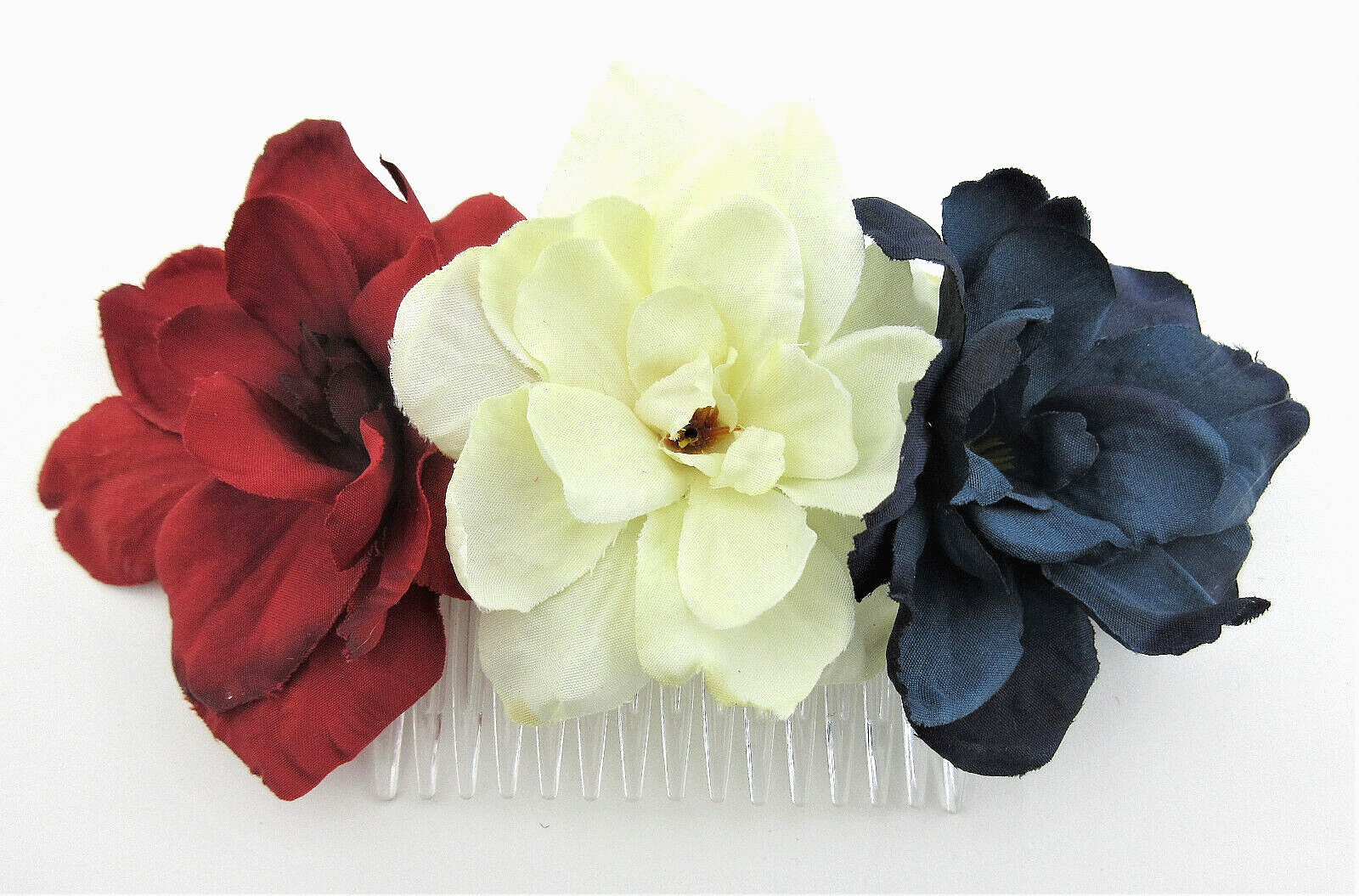 Triple Red White Blue Apple Blossom Silk Flowers Hair Comb
