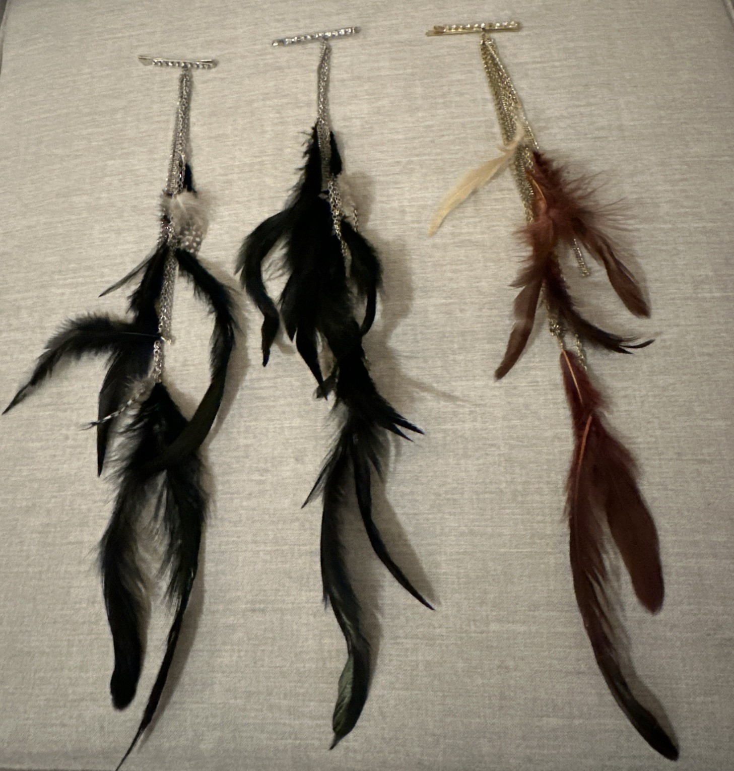 BEBE Bobby Pin Black Brown Feathers Silver Gold Chain Crystals Set Of 3 NWOT
