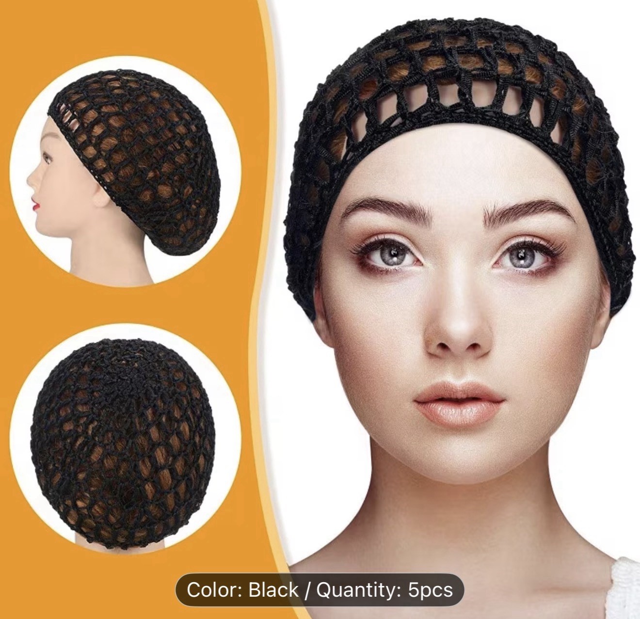 Black Crochet Hair Net Snood for Women, Round Shape, Solid Pattern, 5pcs