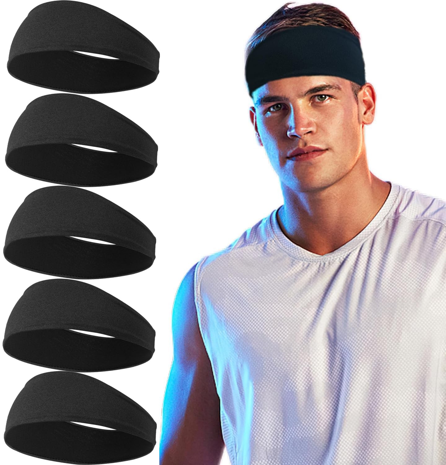 5 Pack Sports Black Headband for Men Breathable Mesh Design Reused & Washed M…