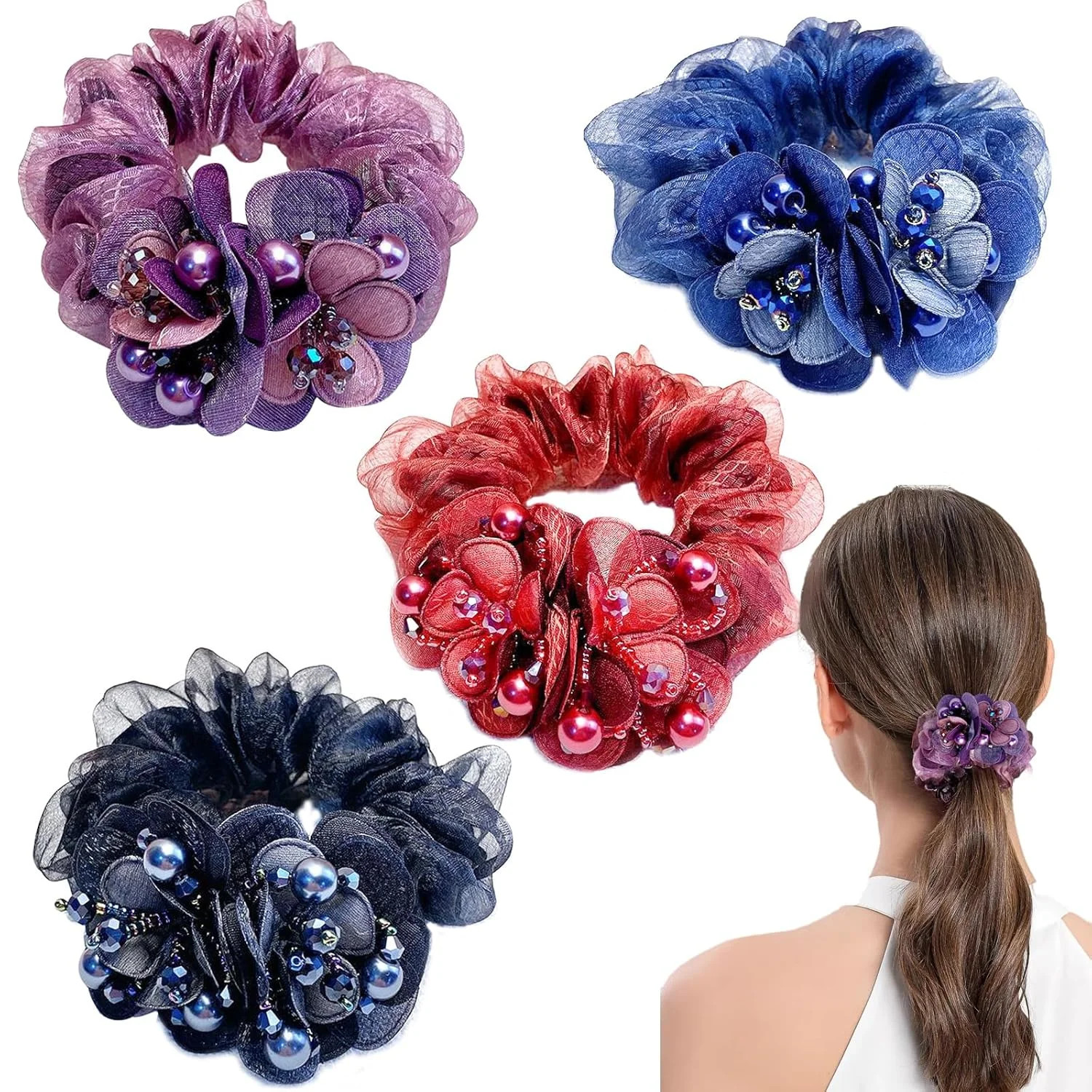 4 PCS Flower Hair Scrunchies for Women Rhinestone Elastic Hair Bands, Ponytail H