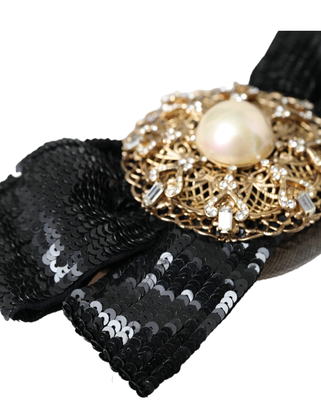 DOLCE & GABBANA Brooch Hair Pin Black Sequin Pearl Handmade Accessory 650usd