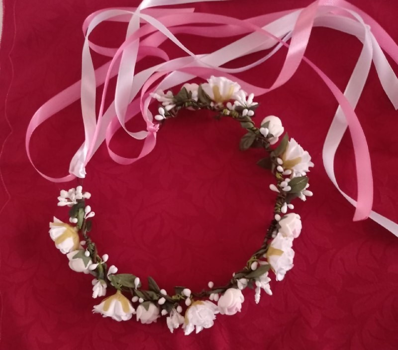 Ukrainian Vinok Flower Crown Handmade White Pink Floral Wreath with Ribbons