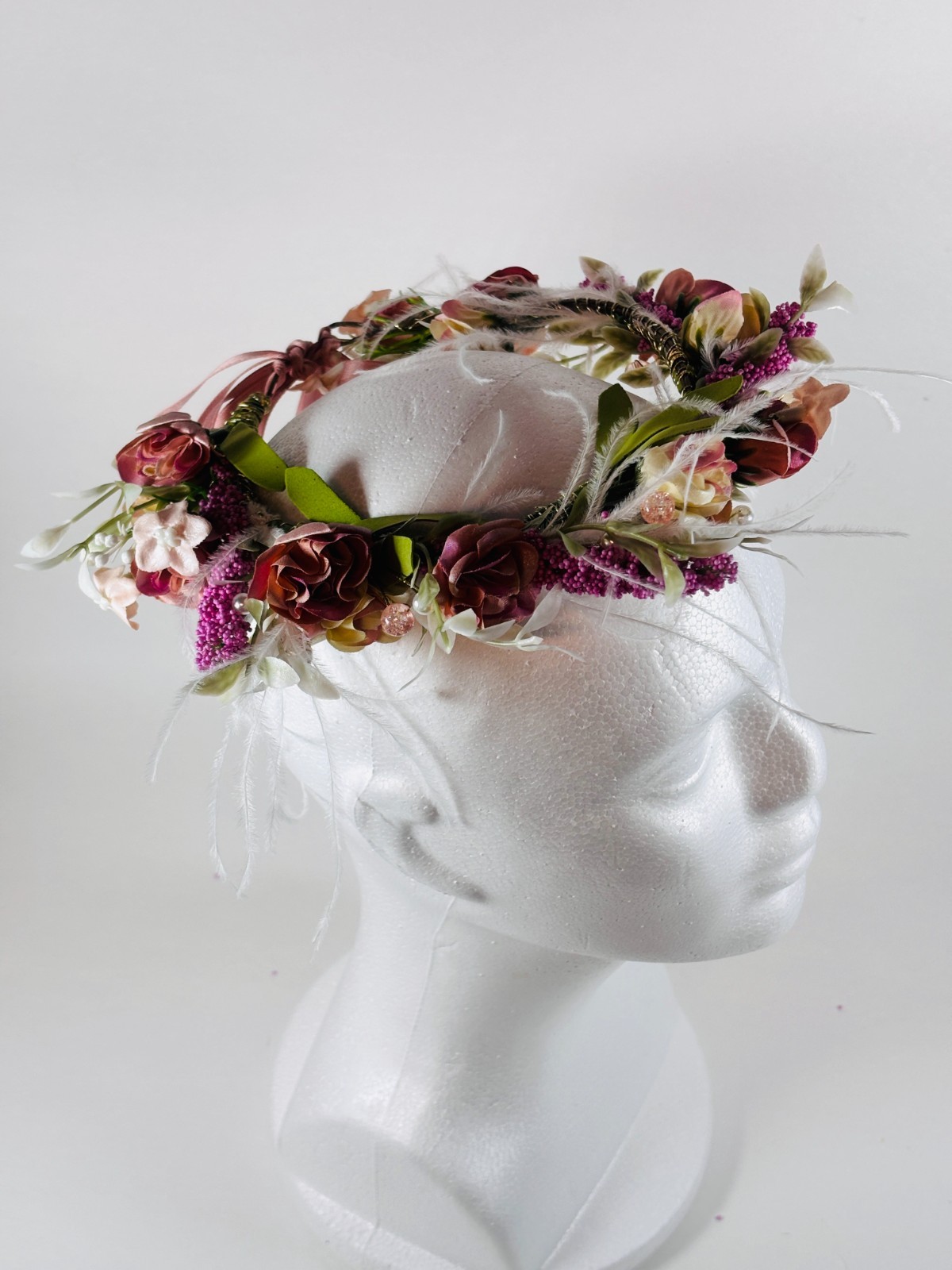 Mauve Flower Crown Wedding Quinceanera Communion Boho Feather Hair Wreath FH_C