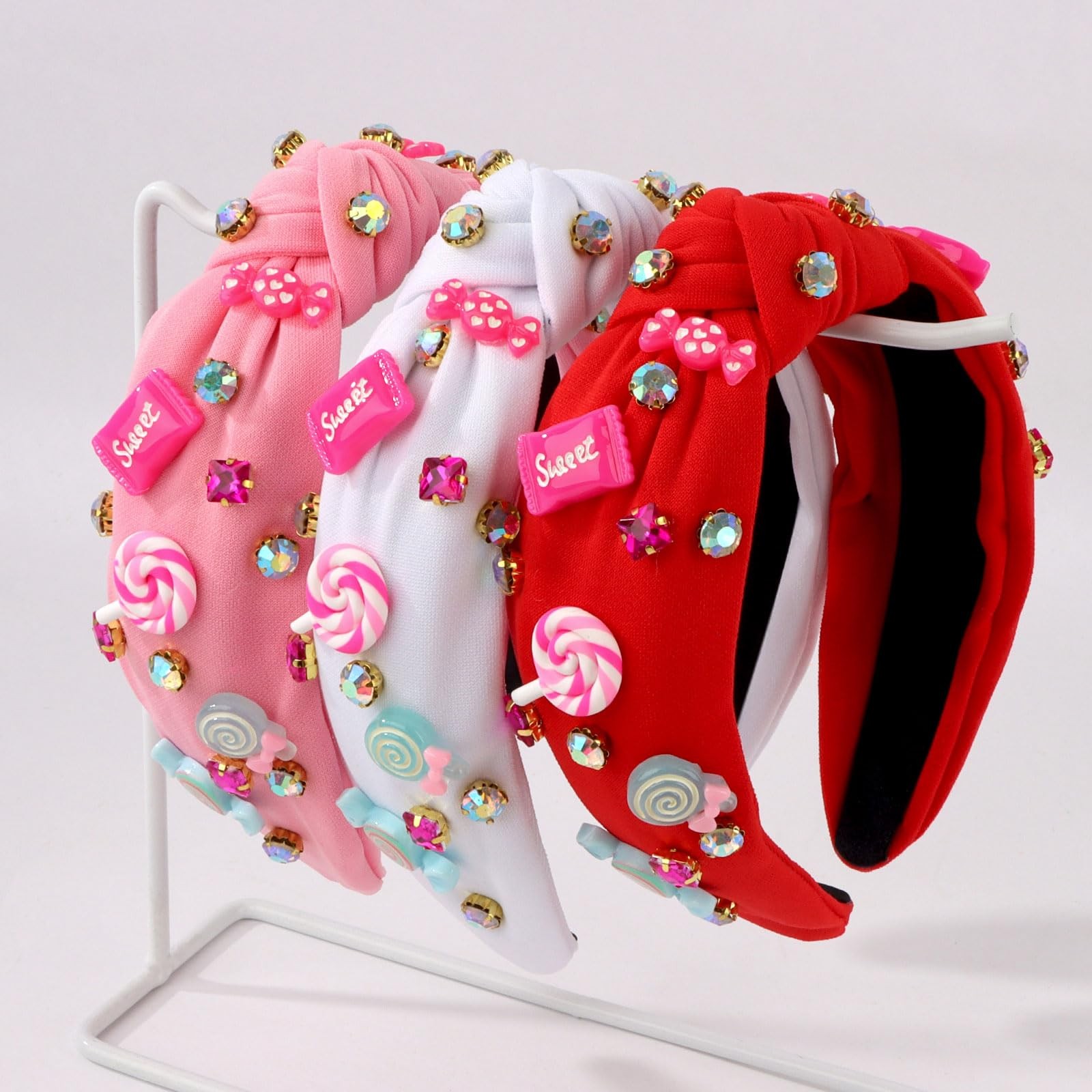 3 PCS Pink White Red Candy Rhinestone Knotted Headbands Hair Accessories