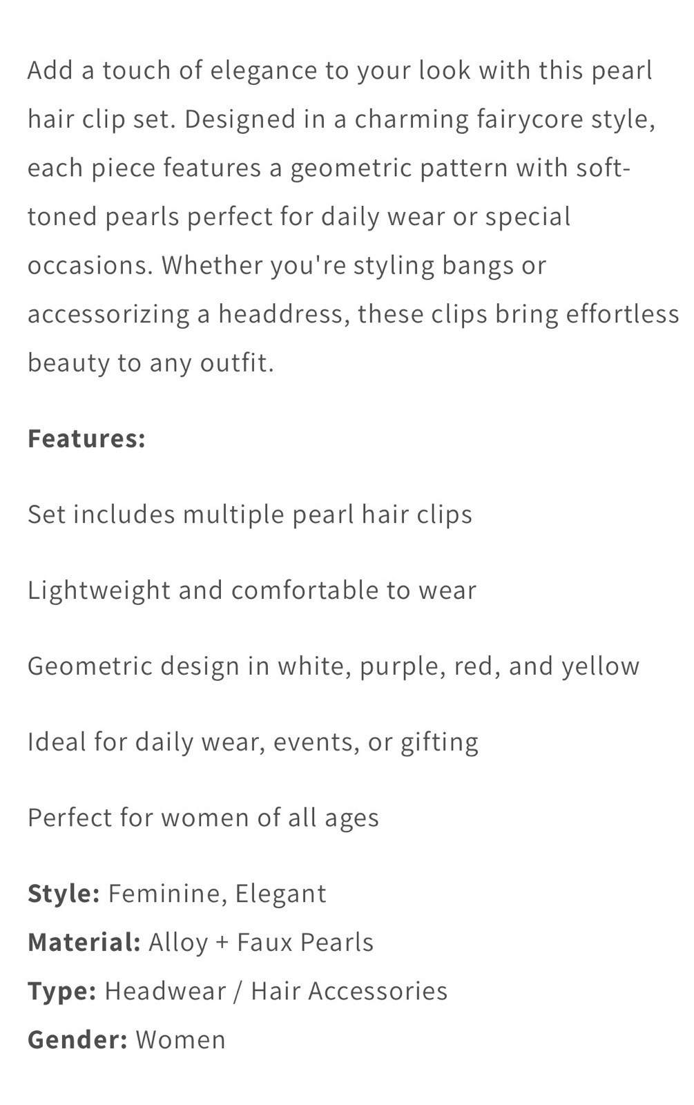Fairycore Alloy Faux Pearl Geometric Heart Flower Hair Clips Set for Women